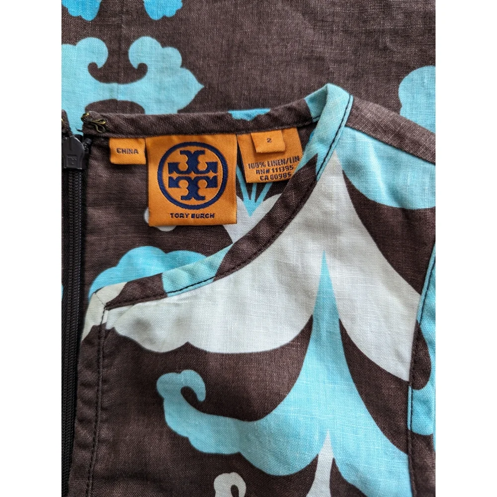 Tory Burch Brown and Turquoise Floral Print Linen Dress 2